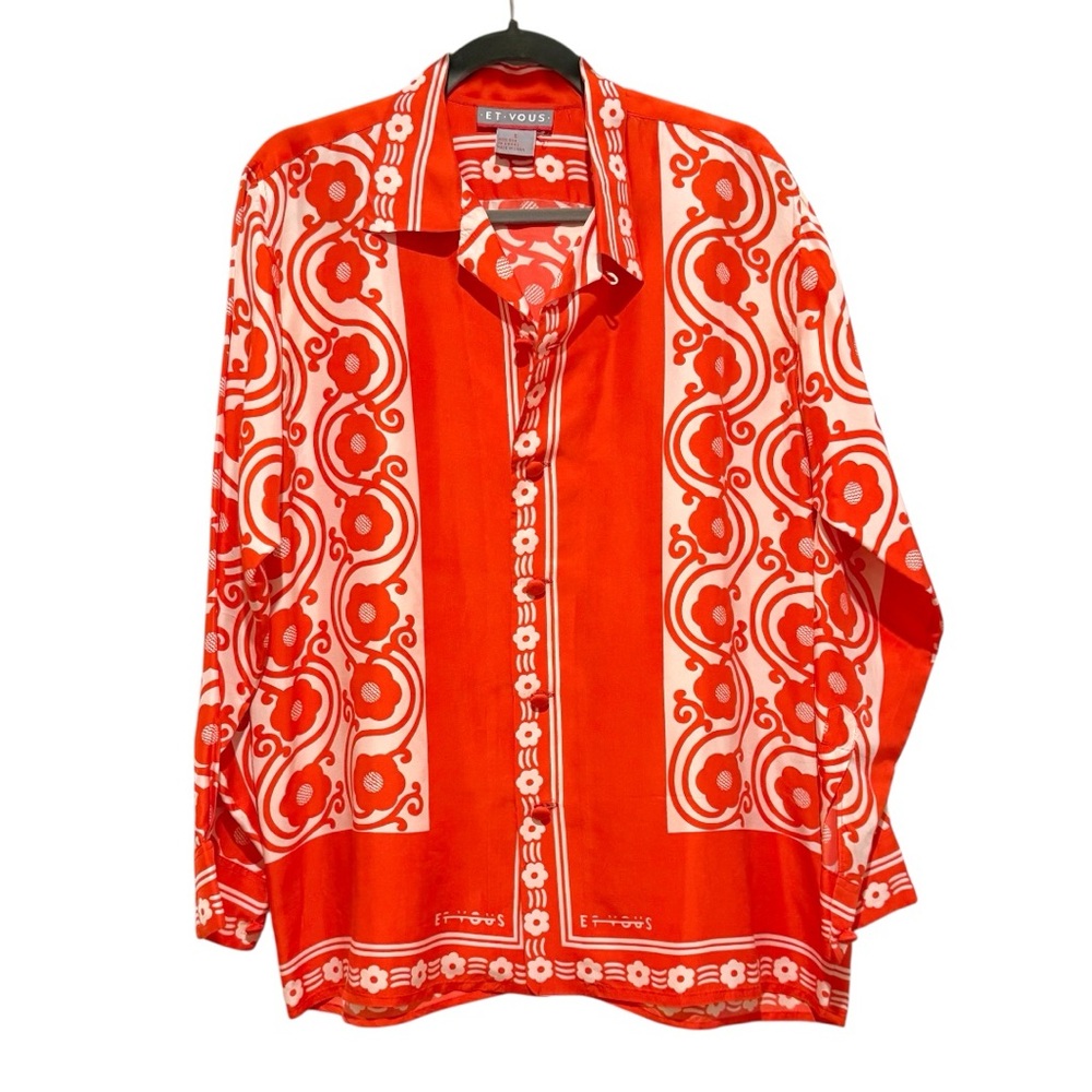 Et Vous 100% Silk Blouse – Red & White Floral Scroll Print. Runs Big: Size S-M